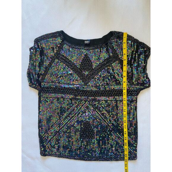 Vintage Silk SequinTop Black Iridescent Short Sleeve Blouse Party Art Deco NYE - Picture 5 of 6